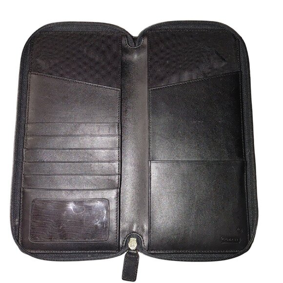 Coach Black Organizer Travel Wallet Passport Holder Zip Around Nylon Leather - Picture 1 of 11